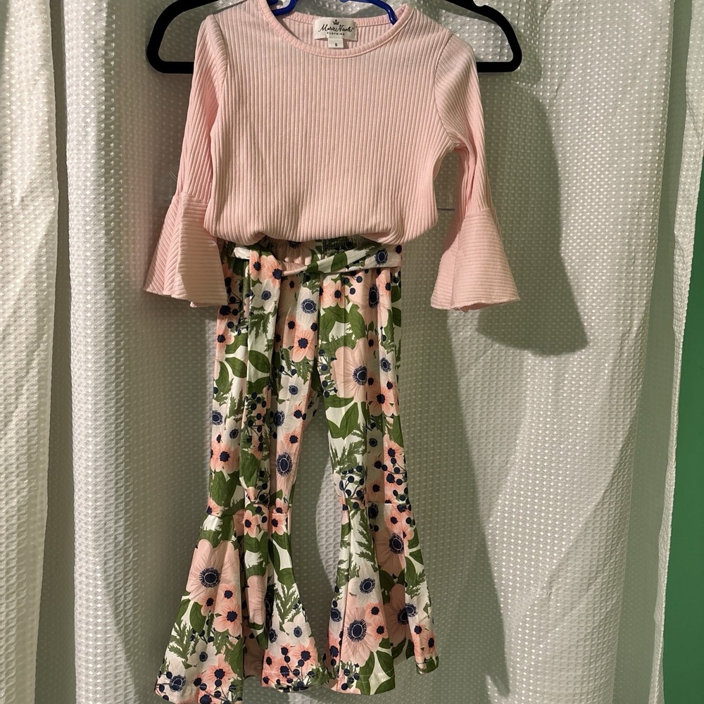 Marie Nicole Baby Girls Pink  Ribbed Top  And Floral Pants, Sz S With RufflesNew
